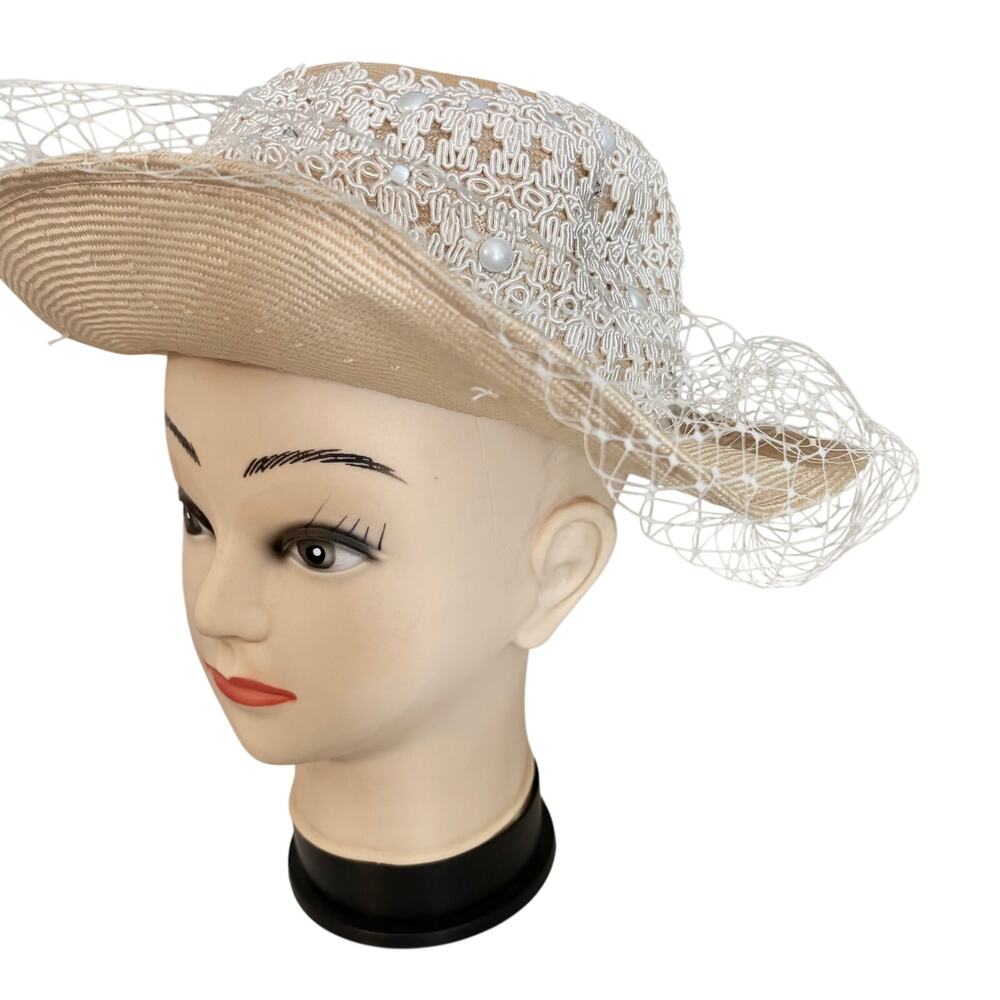Vintage 60s Adolfo ll Paris NY Structured Woven Hat w/ Veil Soutache Lace Beaded